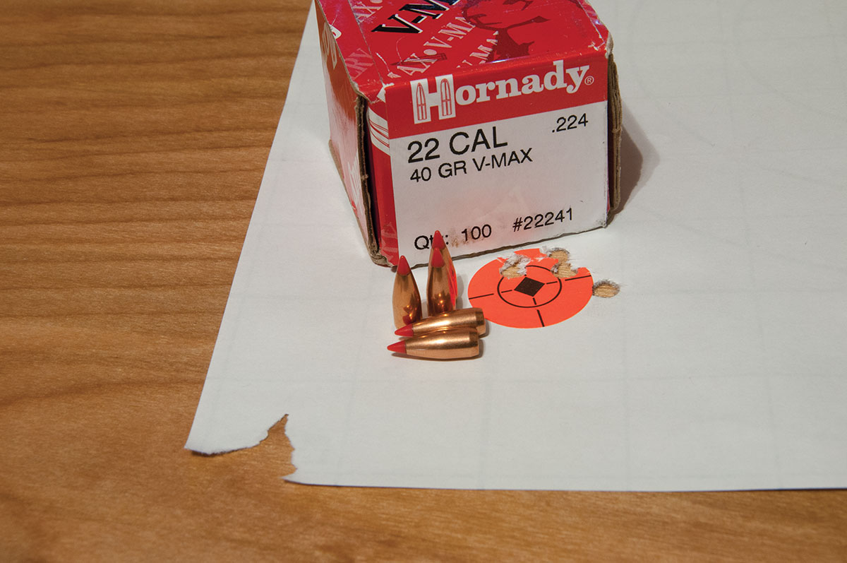 Hornady 40-grain V-MAX bullets, 25 grains of Ramshot X-Terminator powder and CCI BR-4 primers provided this .760-inch group at 100 yards.